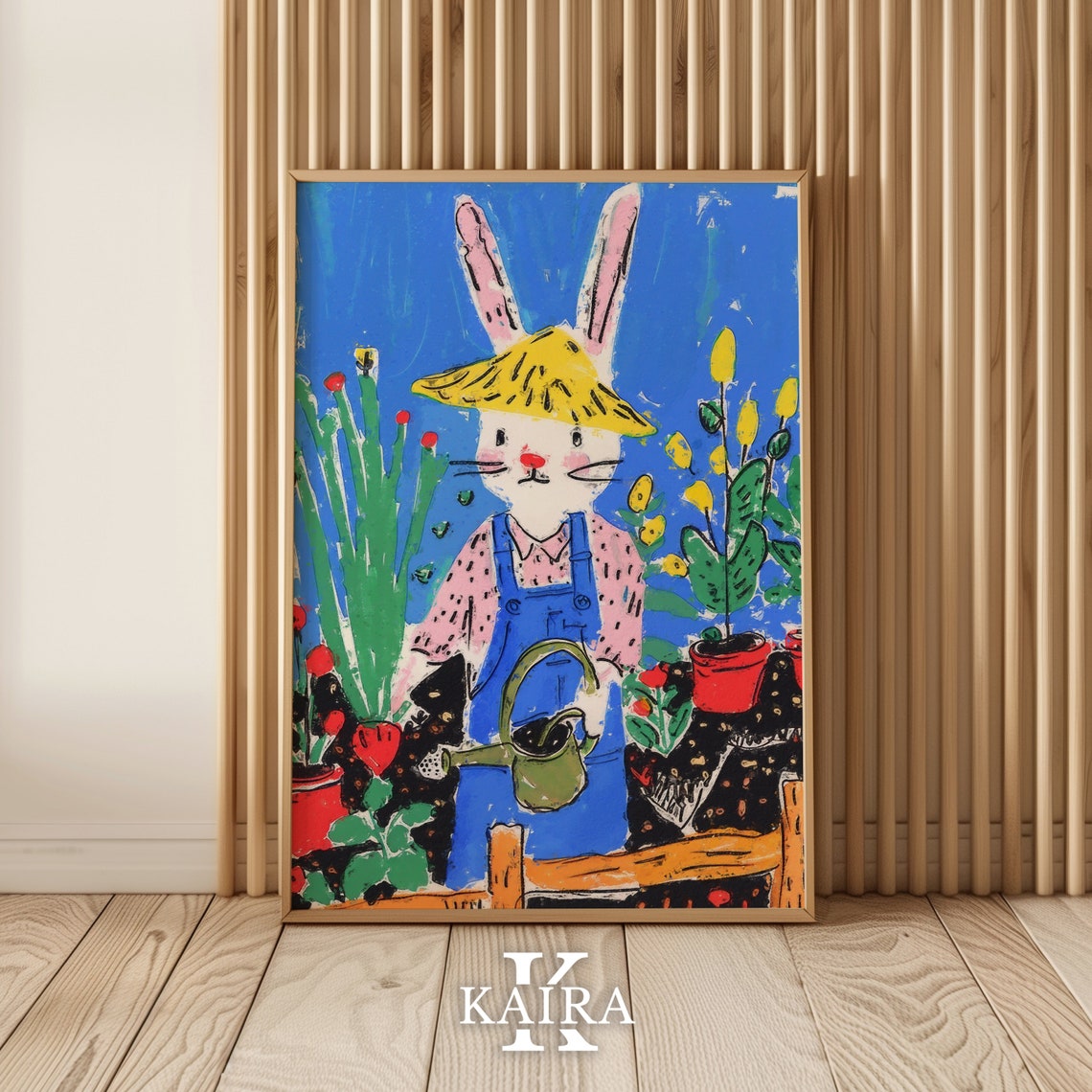 Cute Bunny Gardener Watering Flowers in Overalls and Straw Hat Poster - Image 2