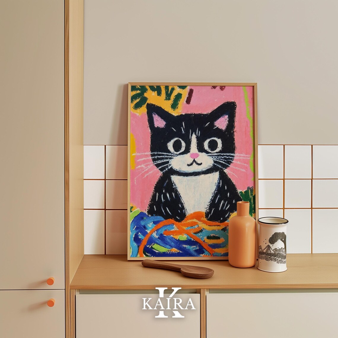 Playful Tuxedo Kitten With a Big Pile of Colorful Yarn Balls Poster - Image 5