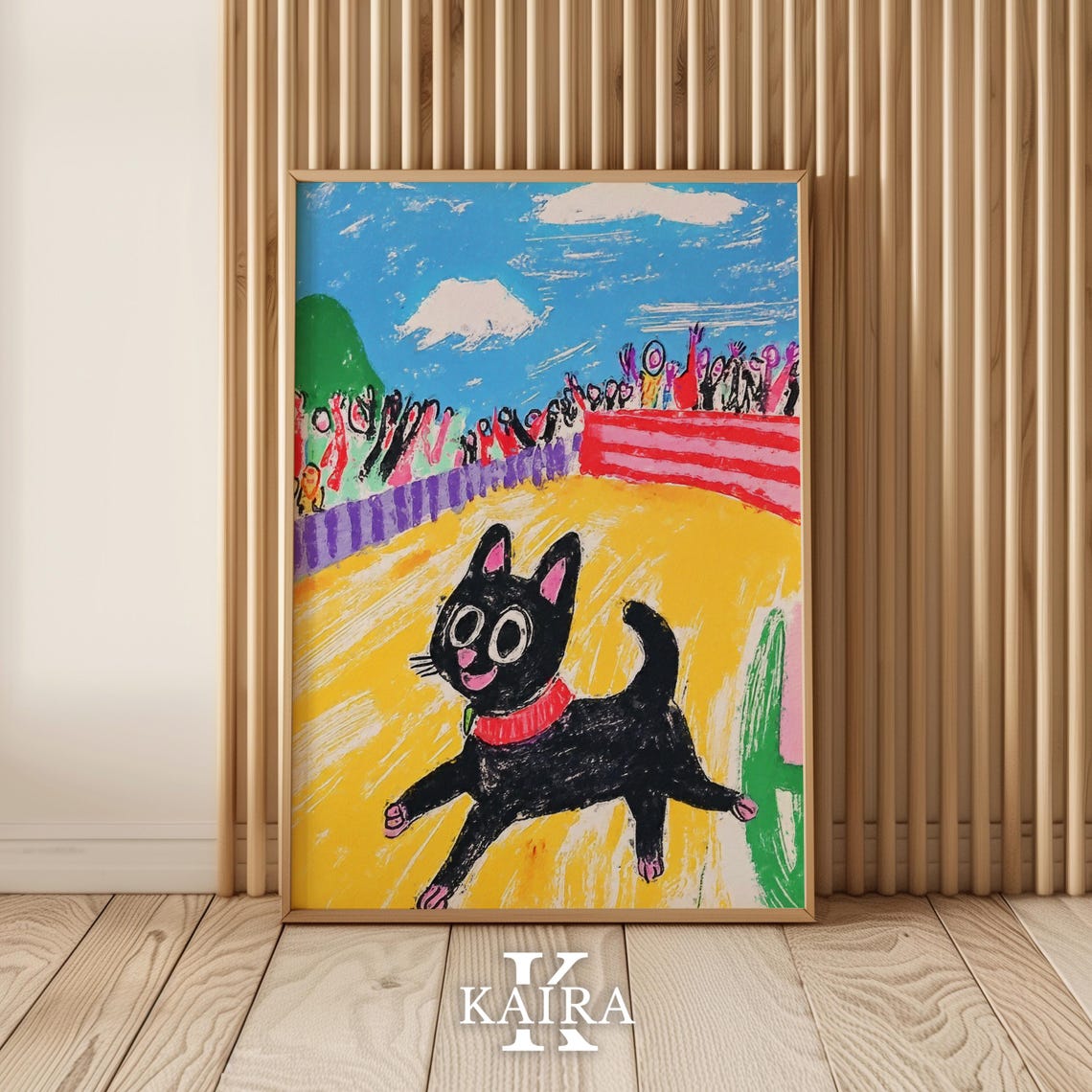 Black Cat Racing Down a Track Before a Cheering Crowd Poster