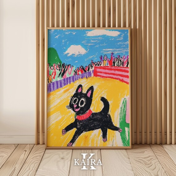 Black Cat Racing Down a Track Before a Cheering Crowd Poster