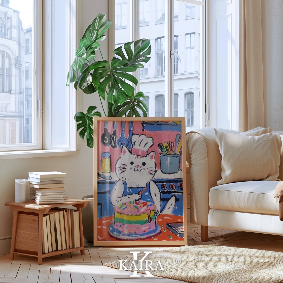 Cheerful White Cat Chef Decorating a Pink Rainbow Cake Poster - Image 5
