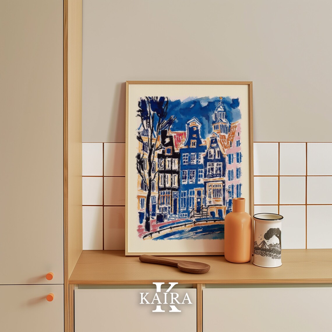 Amsterdam Canal Houses in Loose Blue and Gold Watercolor Poster - Image 3
