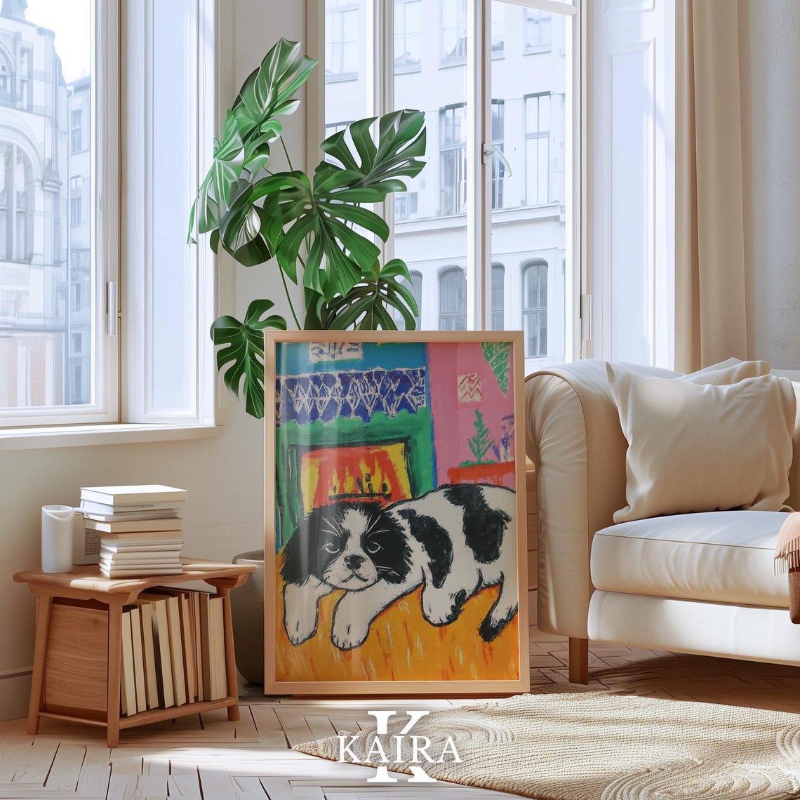 Black and White Puppy Resting by a Warm Crackling Fireplace Poster - Image 4