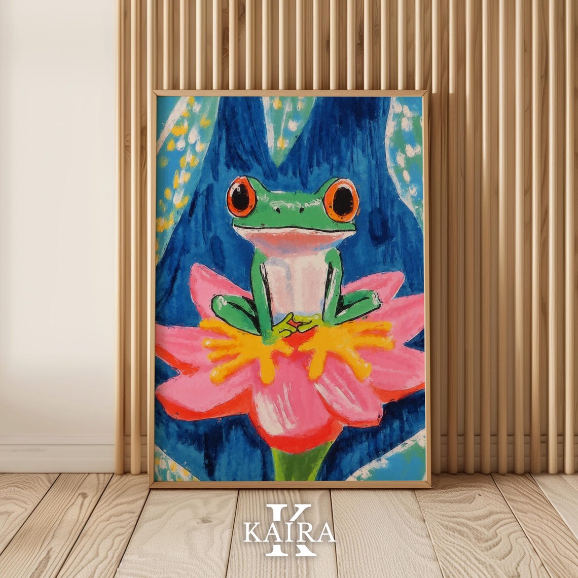 Bright Green Tree Frog With Red Eyes Sitting On A Pink Flower Poster - Image 5