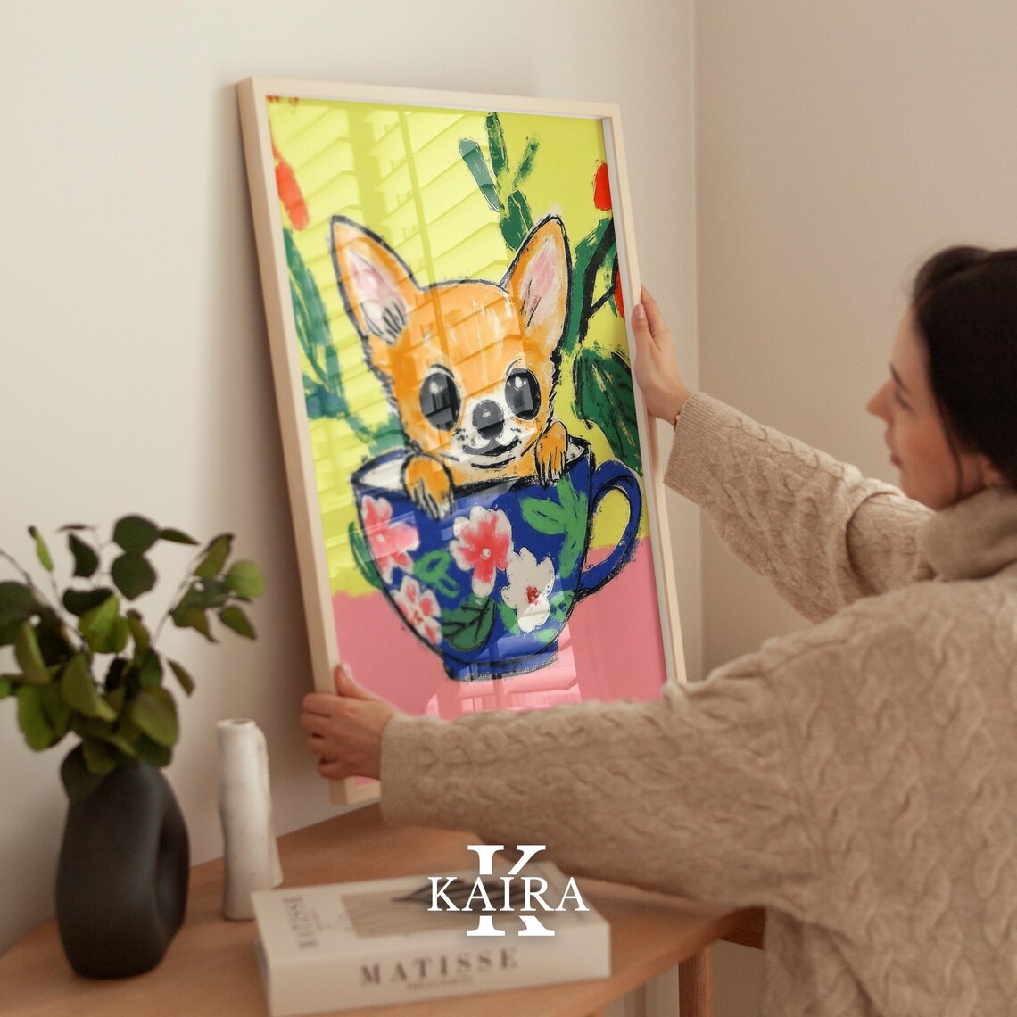 Tan Chihuahua Puppy Sitting In A Blue Floral Teacup With Leaves Poster - Image 2
