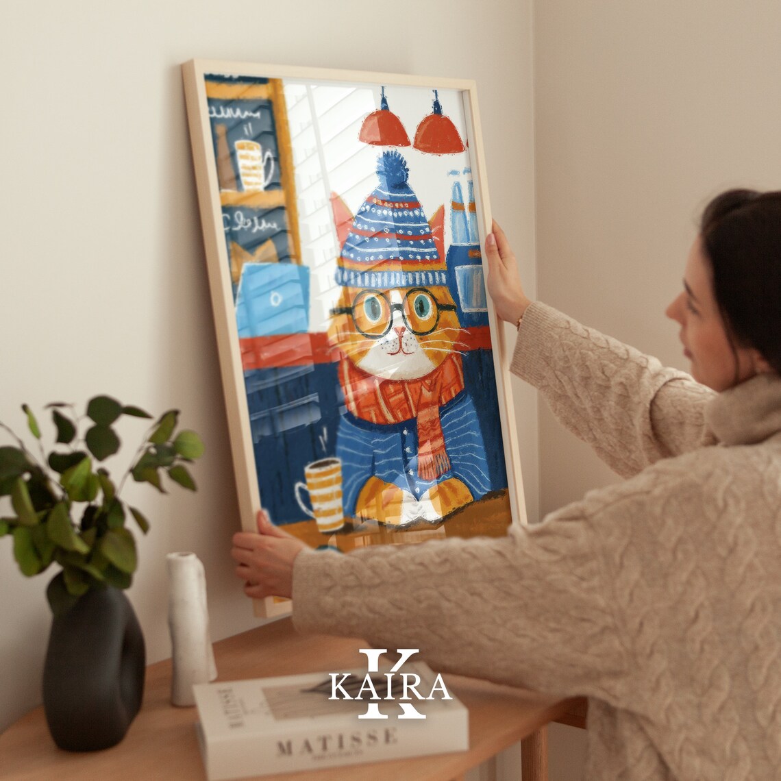 Cozy Cafe Ginger Cat in a Winter Hat Glasses and Scarf Poster - Image 3
