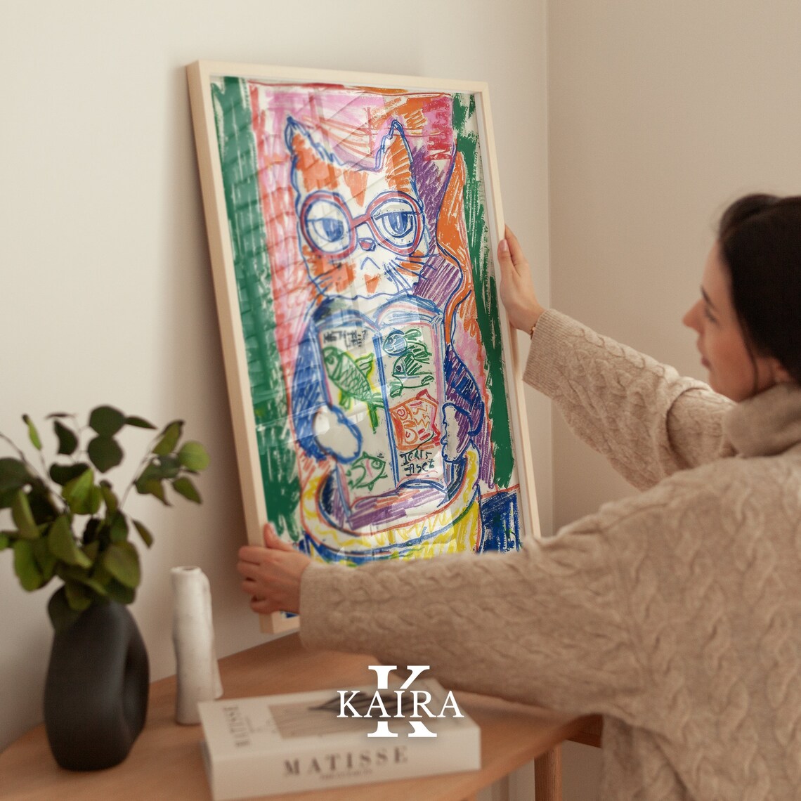 Funny Cat With Glasses Reading Fish Book Cozy Library Cat Poster - Image 3