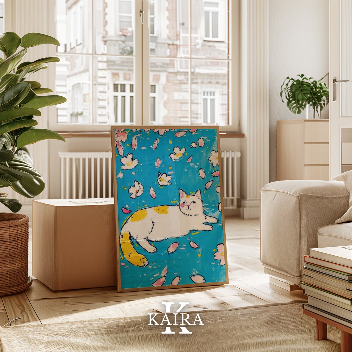 Happy Spotted White Cat Lounging Among Falling Blossom Petals Poster - Image 4
