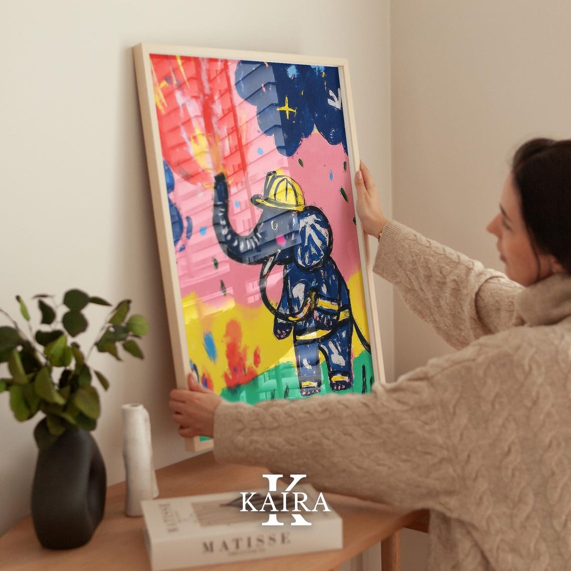 Brave Firefighter Elephant Spraying Water on Big Flames Poster