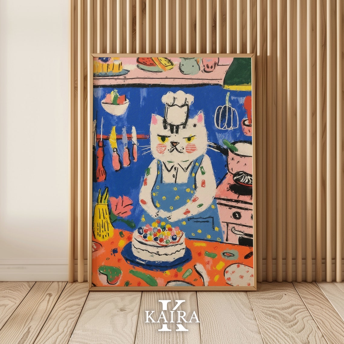 White Chef Cat Decorating a Candy Topped Cake in Blue Kitchen Poster - Image 3