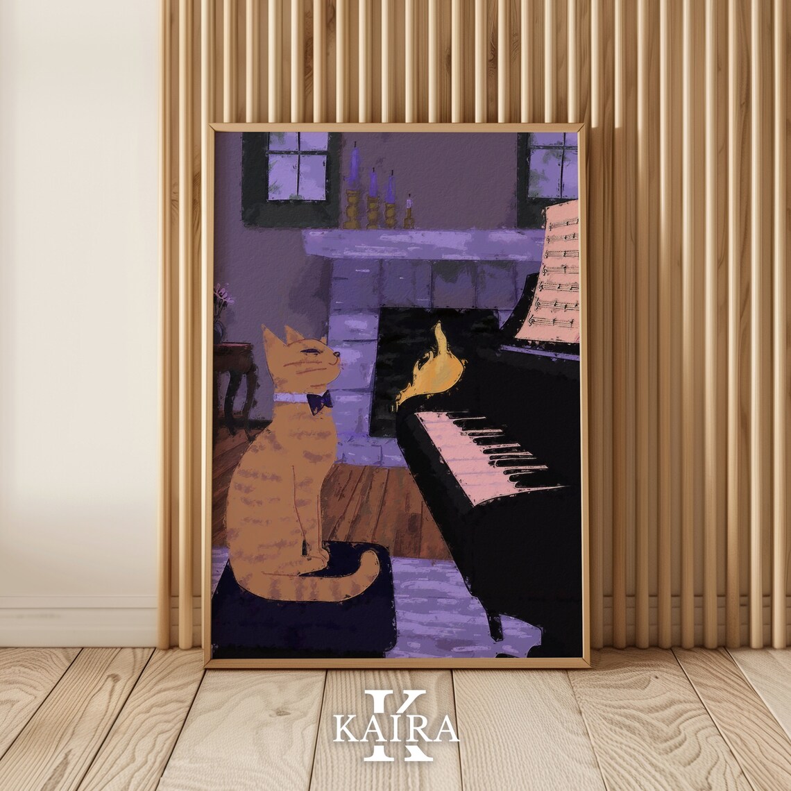 Ginger Cat In Bow Tie Playing Grand Piano By Fireplace Music Art Poster - Image 2