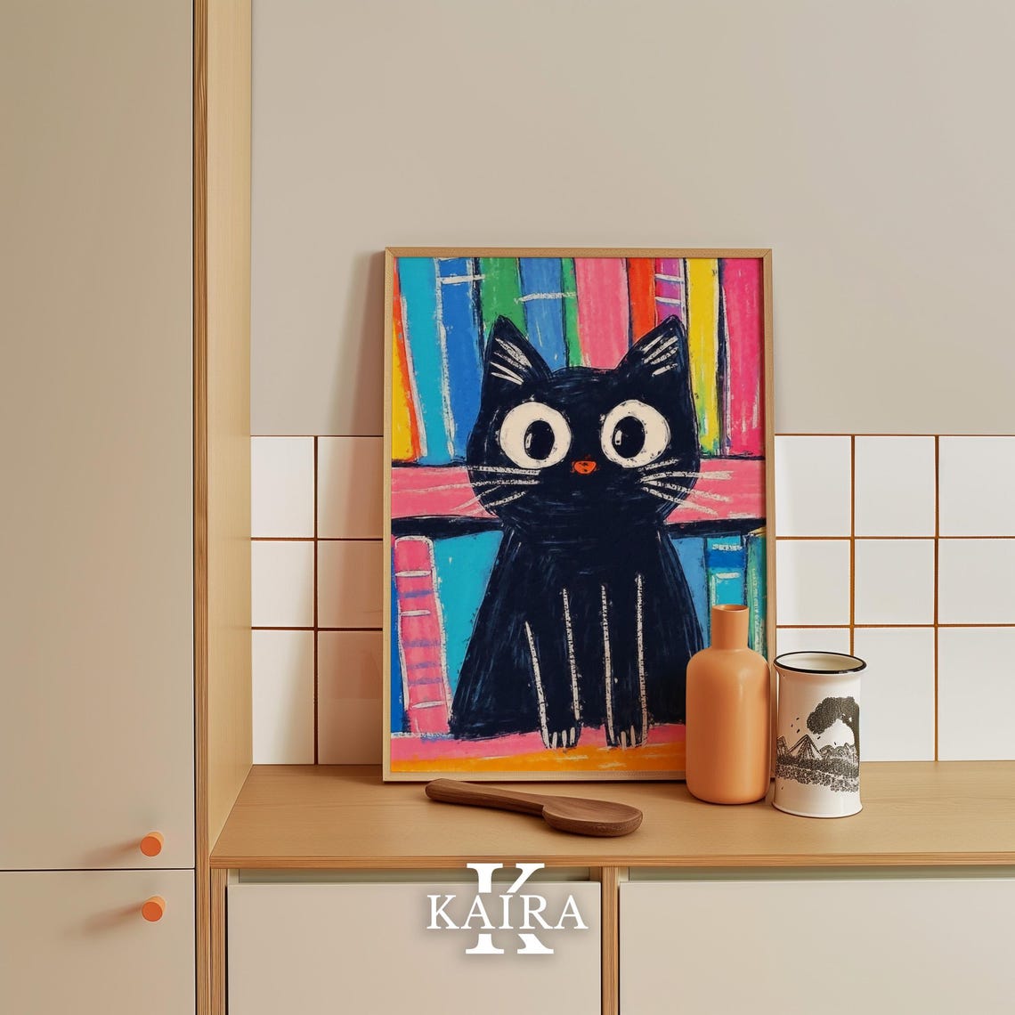 Big-Eyed Black Kitten Sitting by a Colorful Bookshelf Poster - Image 4