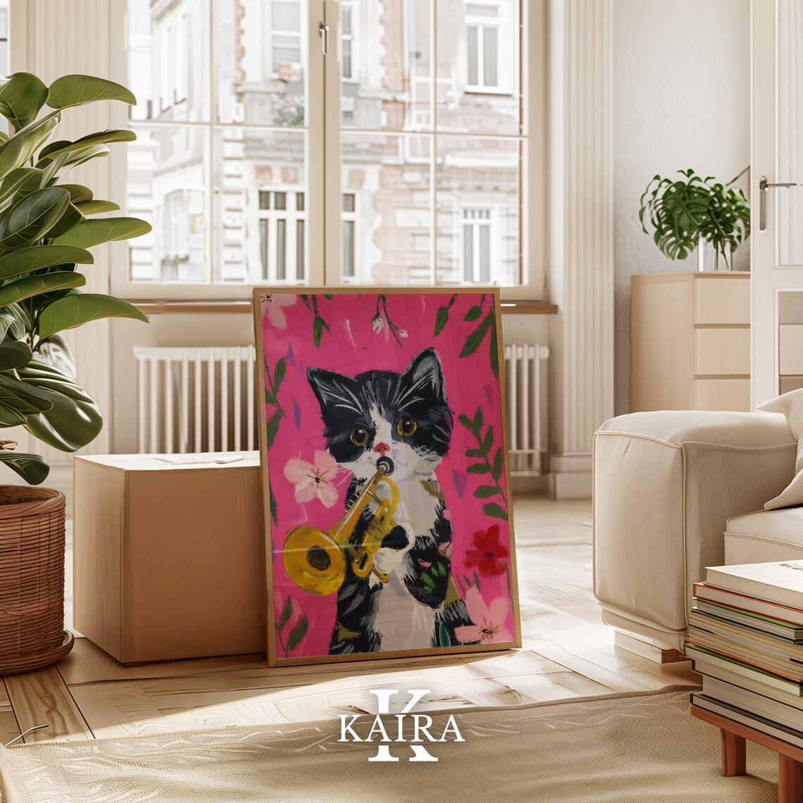 Playful Tuxedo Kitten Playing Golden Trumpet On Pink Floral Poster - Image 3