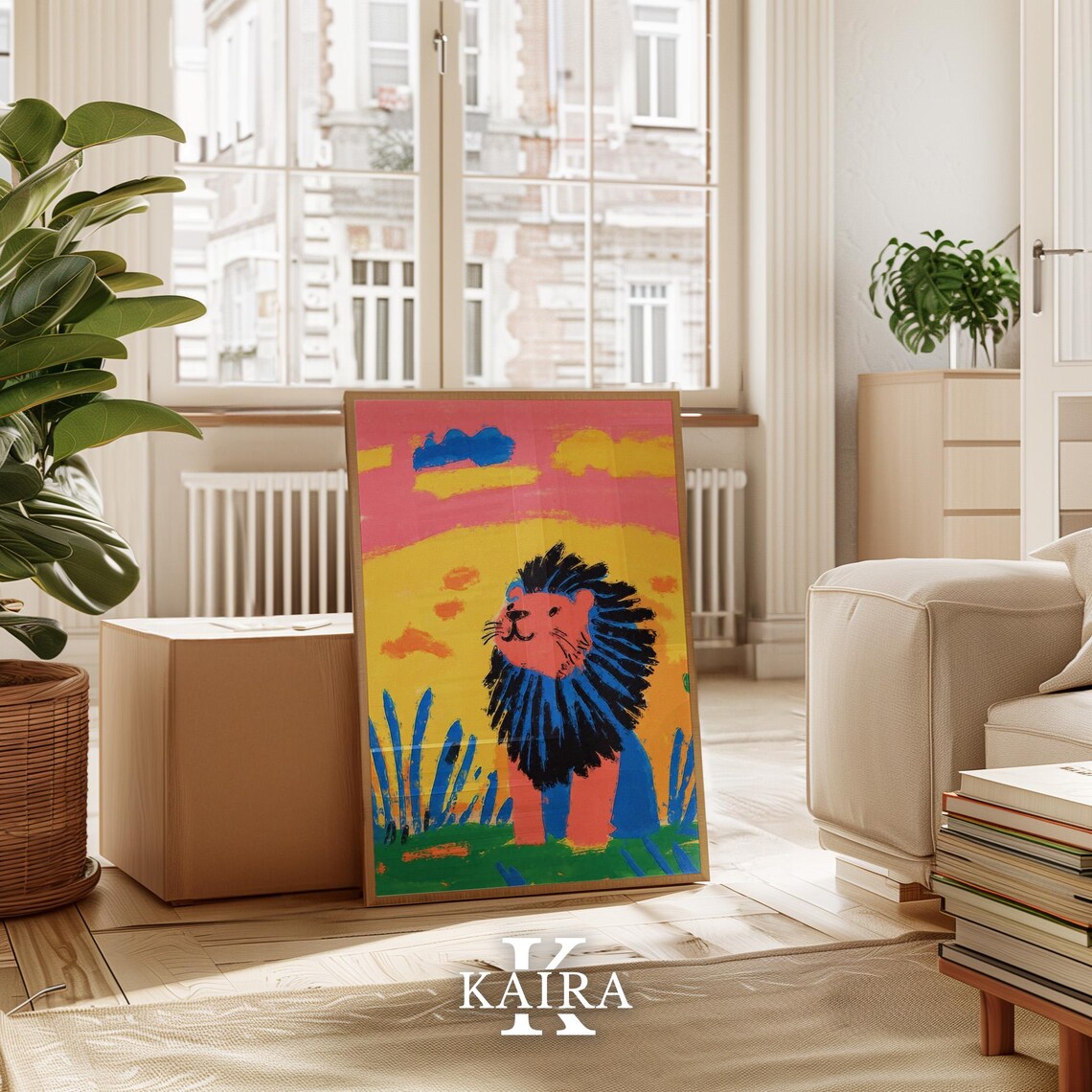 Colorful Smiling Lion With a Dark Mane at a Pink Sunset Poster - Image 3