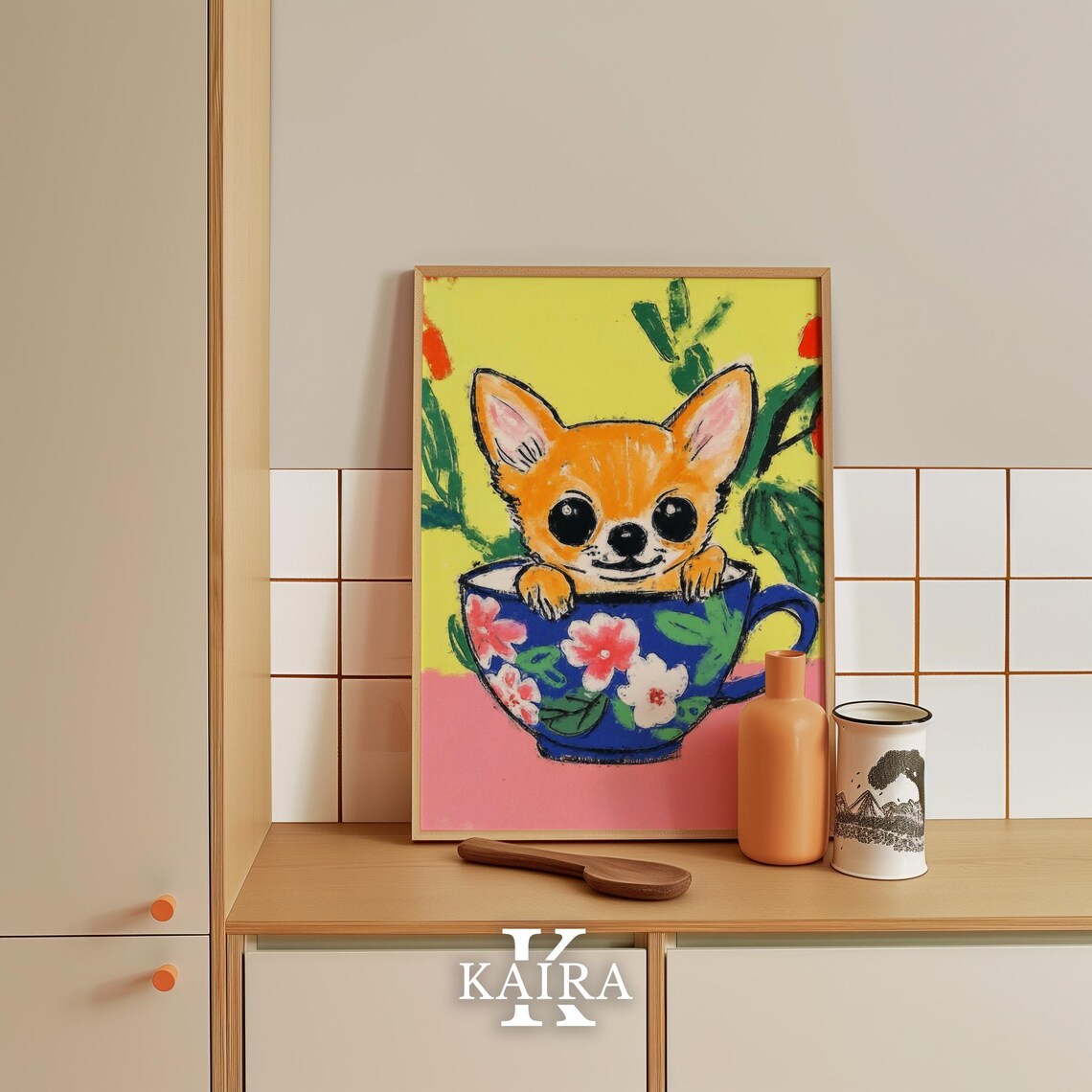 Tan Chihuahua Puppy Sitting In A Blue Floral Teacup With Leaves Poster - Image 4