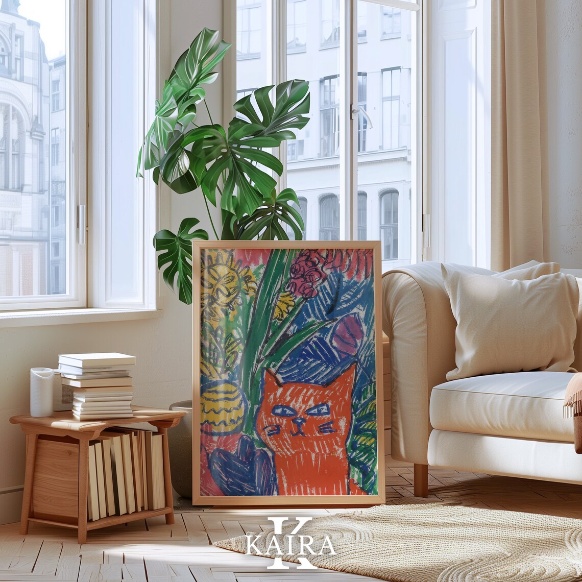 Orange Cat In Tropical Foliage Sunflower Colorful Art Poster - Image 4