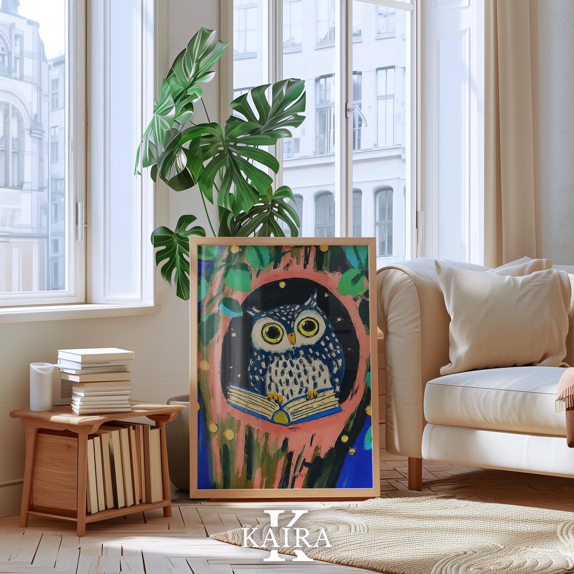 Wise Speckled Owl Reading A Book In A Tree Hollow At Night Poster - Image 4