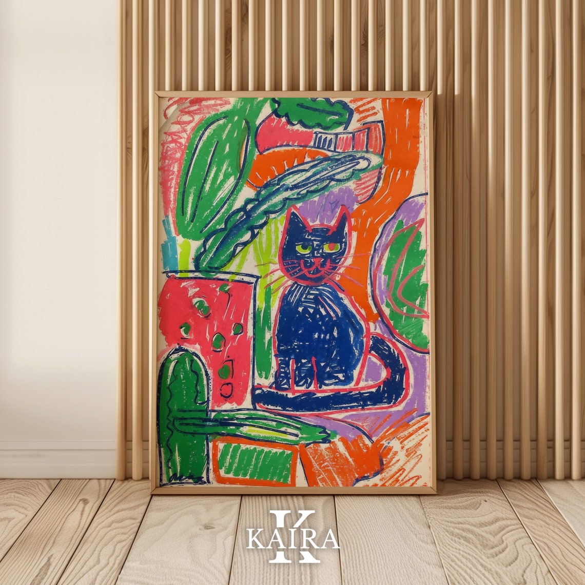 Dark Blue Cat Among Tropical Plants Colorful Abstract Poster - Image 2