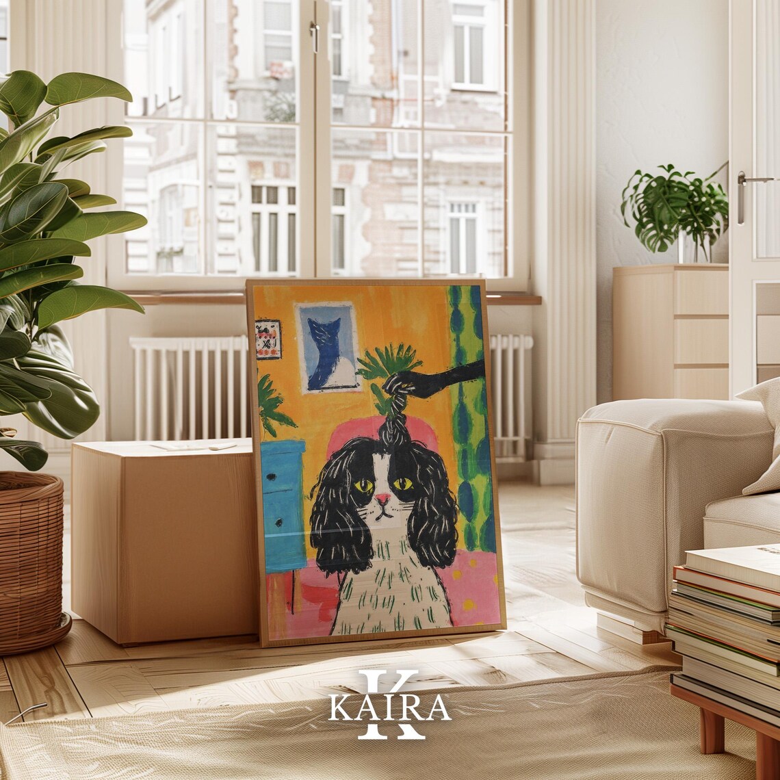 Black and White Dog With Yellow Eyes in a Colorful Room Poster - Image 3