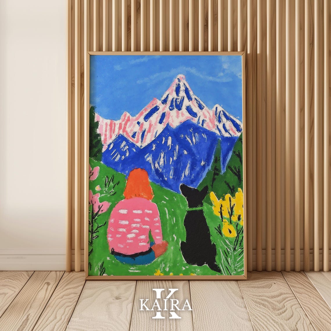 Woman and Dog Watching Snowy Mountains From a Flower Meadow Poster