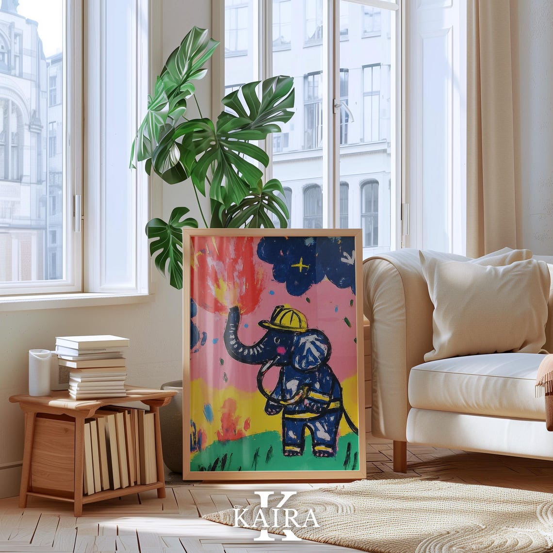 Brave Firefighter Elephant Spraying Water on Big Flames Poster - Image 3