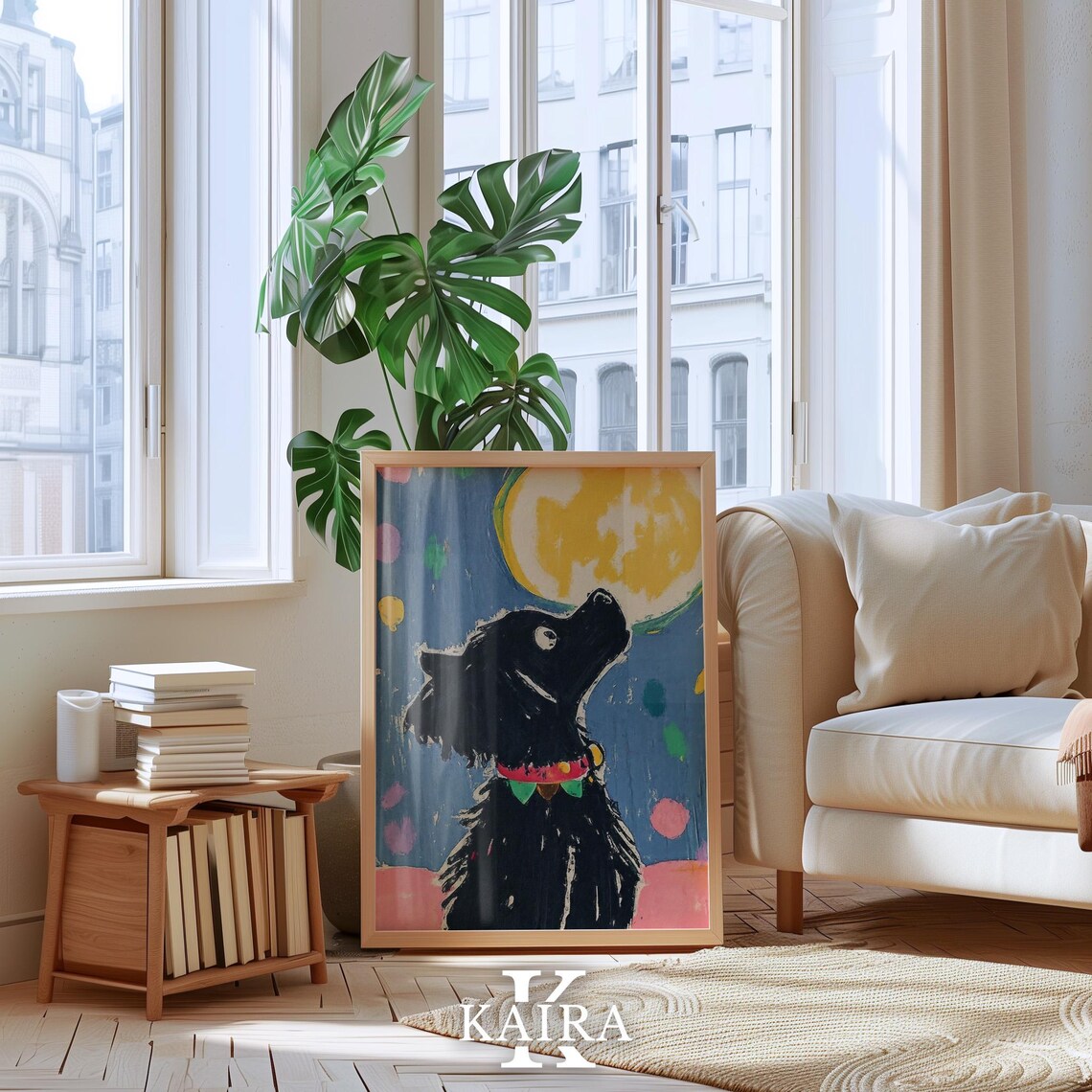 Scruffy Black Dog With A Festive Collar Howling At The Yellow Moon Poster - Image 3