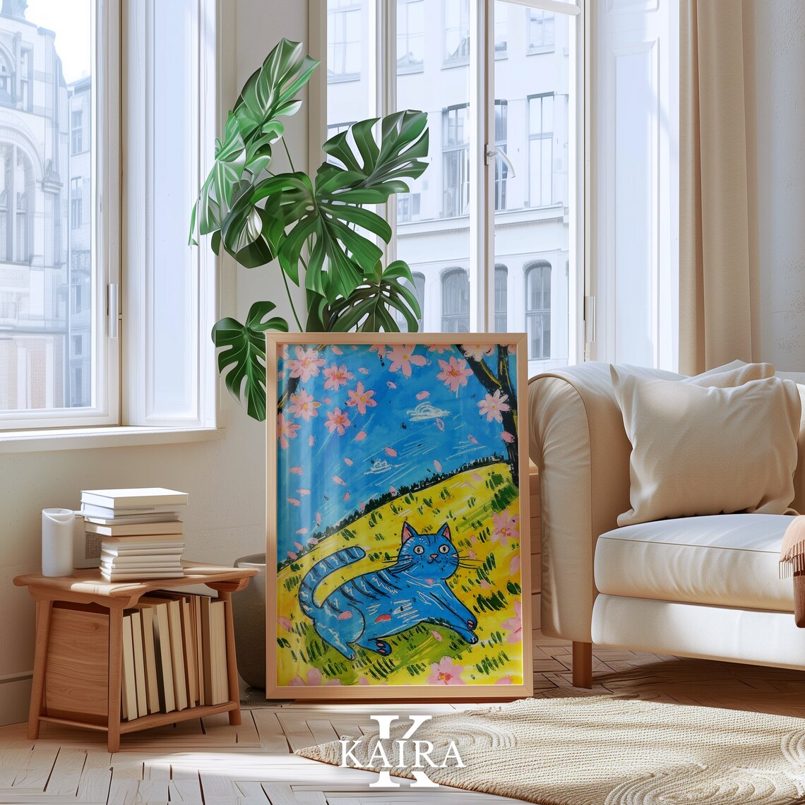 Bold Blue Cat Stretching Beneath Cherry Blossoms on a Sunny Hill Poster - Image 5