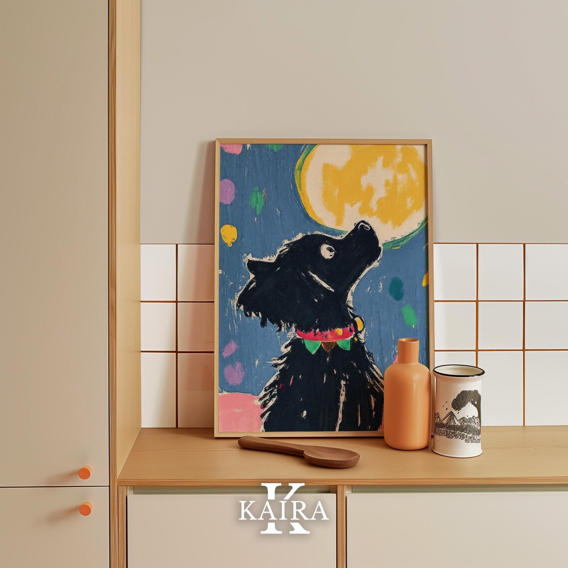 Scruffy Black Dog With A Festive Collar Howling At The Yellow Moon Poster - Image 4