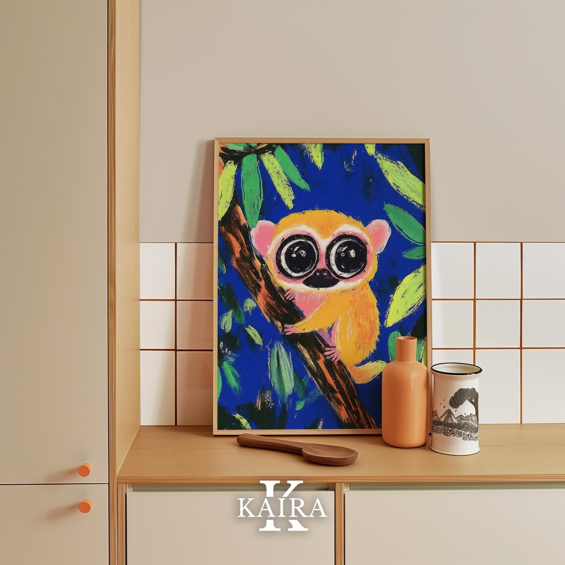 Cute Big Eyed Lemur Poster Clinging to Branch in Jungle Scene