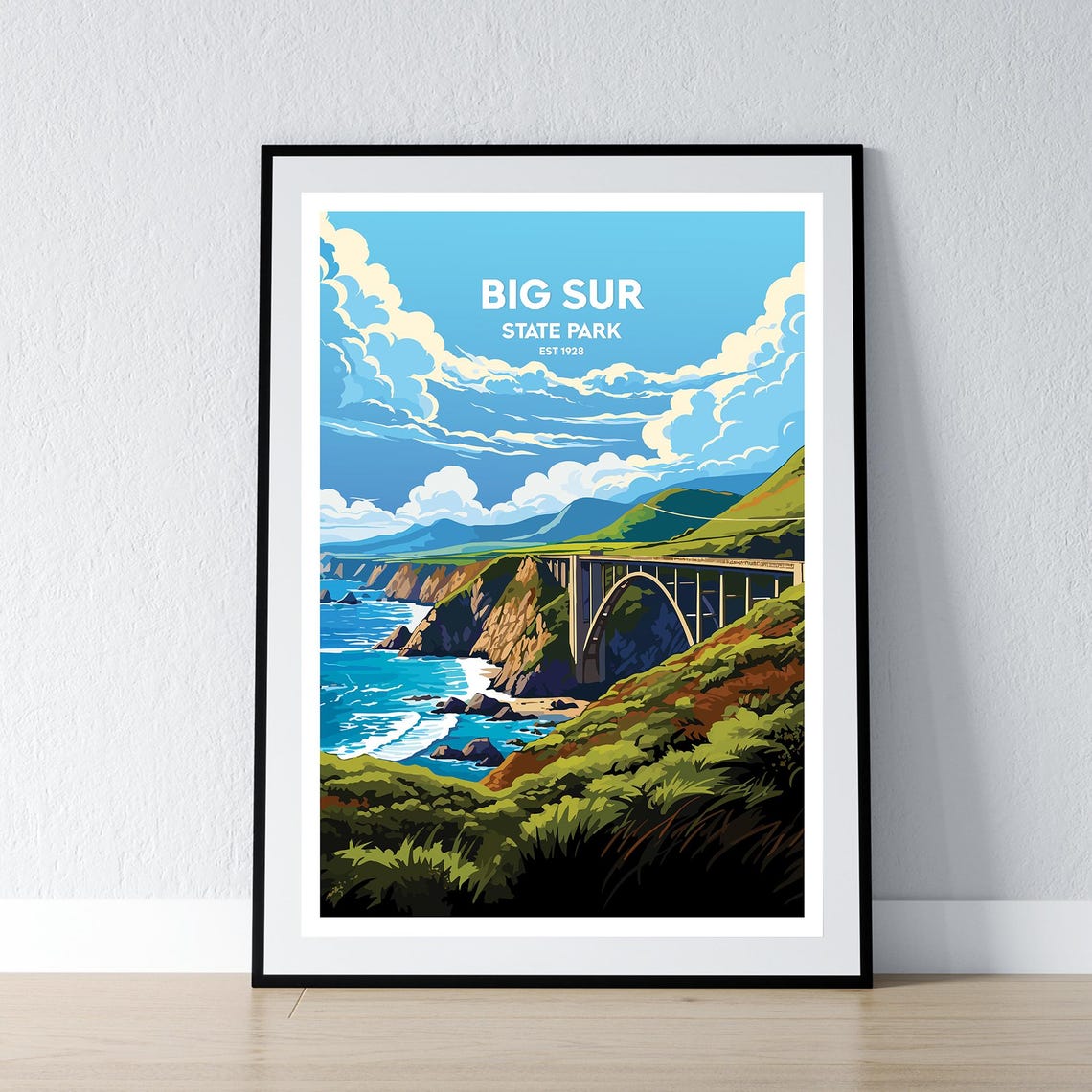 Big Sur State Park Coastal Bridge Vintage Travel Poster Illustration