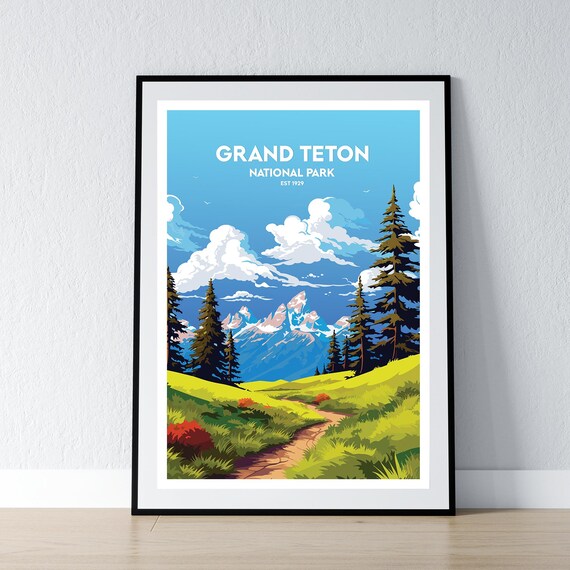 Grand Teton National Park Meadow Trail Mountain View Travel Poster