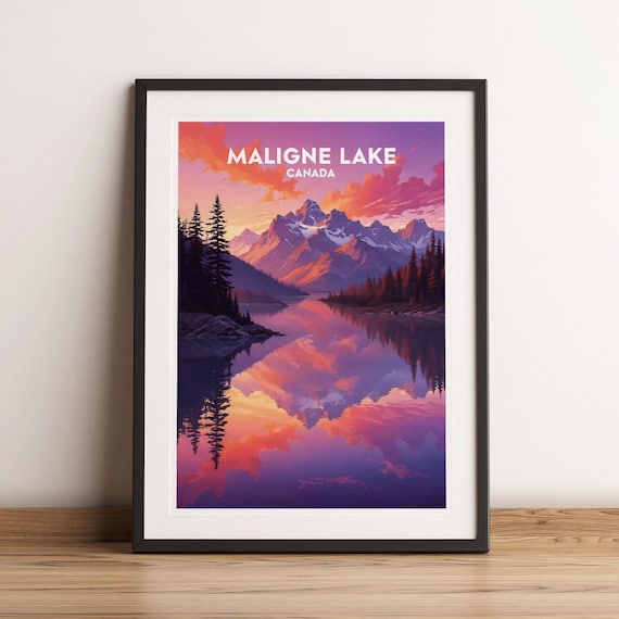 Maligne Lake Canada Sunset Mountain Reflection Retro Travel Poster