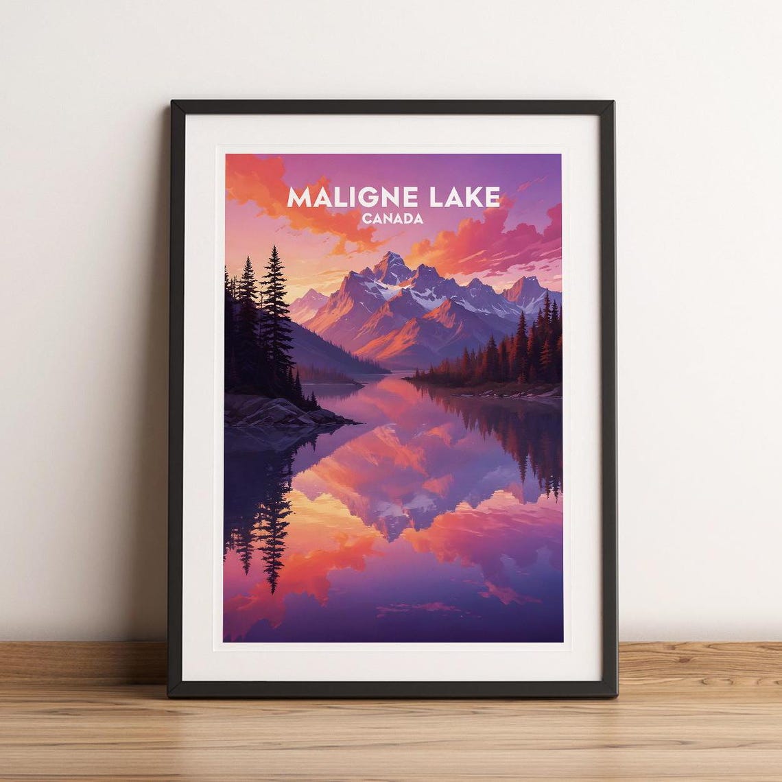 Maligne Lake Canada Sunset Mountain Reflection Retro Travel Poster