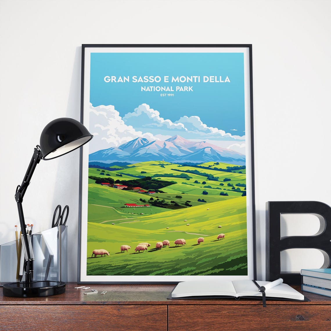 Gran Sasso National Park Est 1991 Green Meadow Sheep Travel Poster