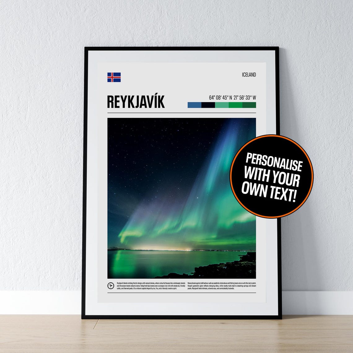 Reykjavik Iceland Northern Lights Coordinates Photo Poster Gift