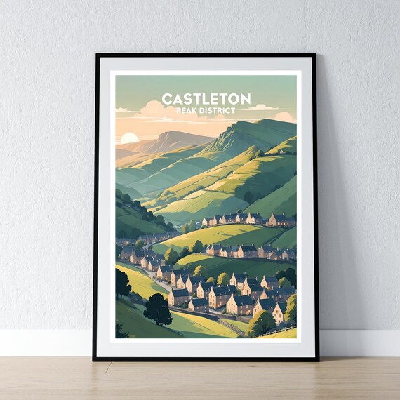 Castleton Peak District Green Hills Village Sunset Travel Poster
