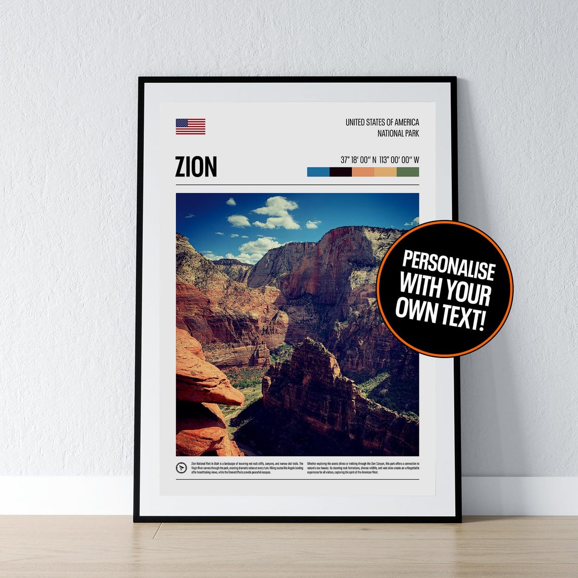 Zion National Park Utah Red Canyon Cliffs Coordinates Photo Poster