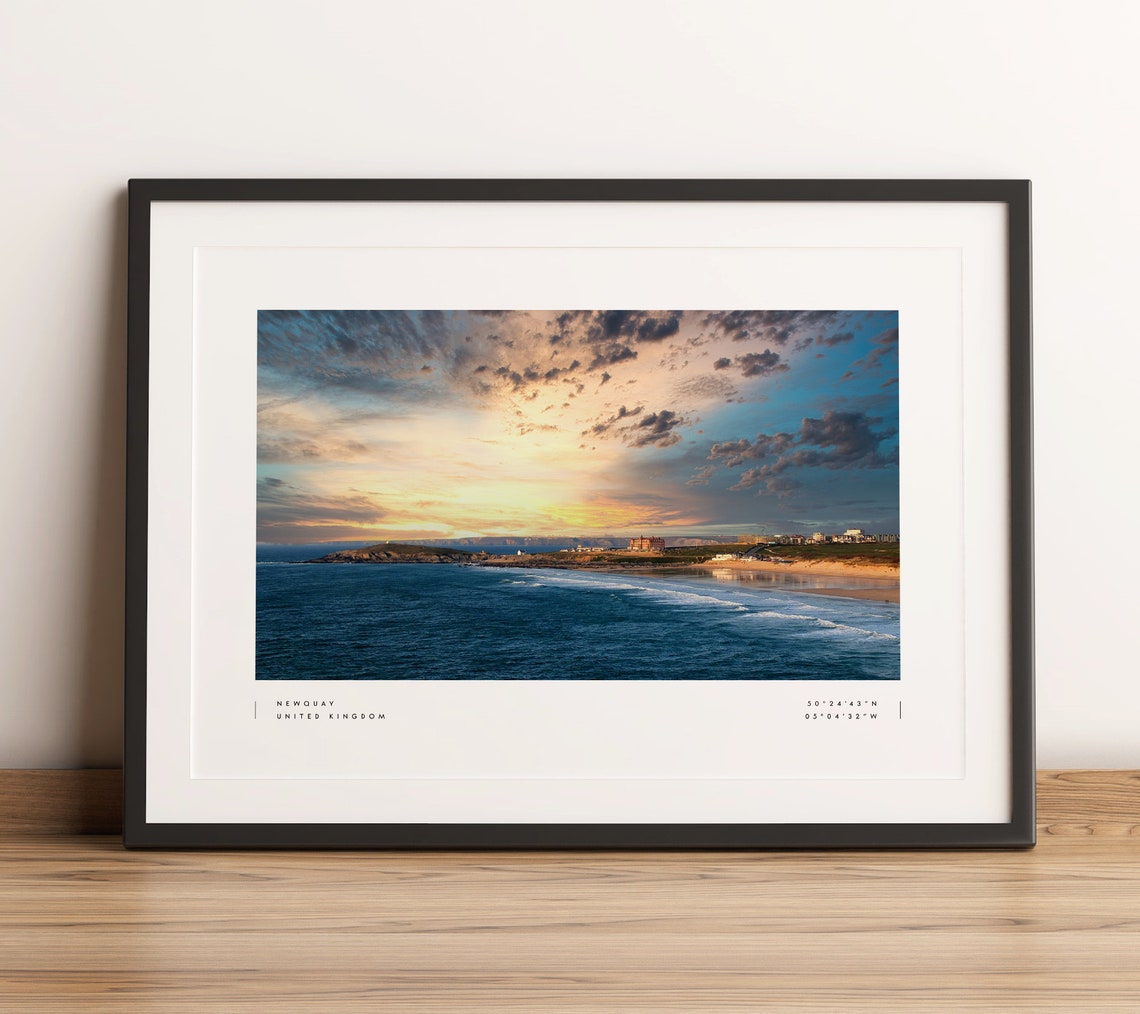 Newquay Cornwall Coastal Sunset Sea Photo Coordinates Art Print