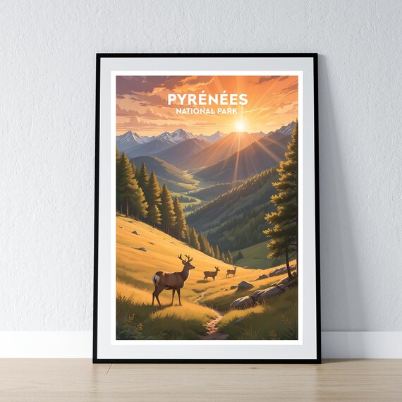 Pyrenees National Park Sunset Mountain Meadow Deer Travel Poster