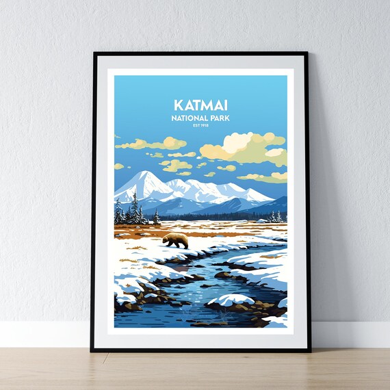 Katmai National Park Est 1918 Brown Bear Tundra Vintage Travel Poster