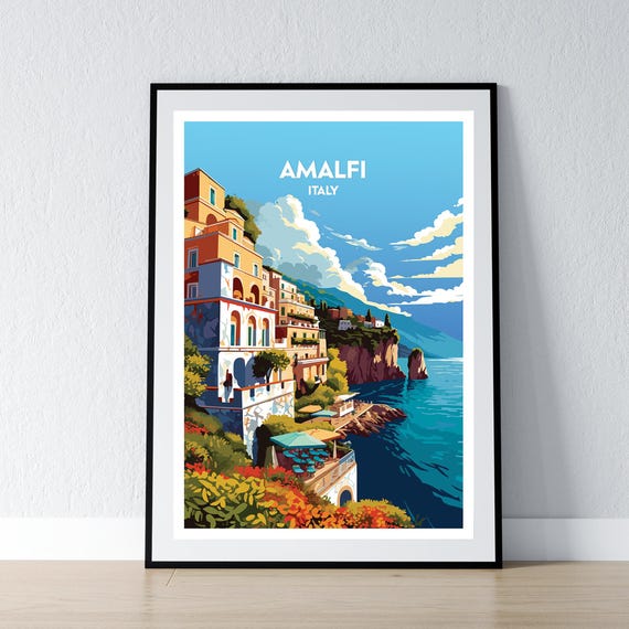 Amalfi Coast Poster Print Wall Art Gift Travel Home Decor Illustration Naples Italy Wpa