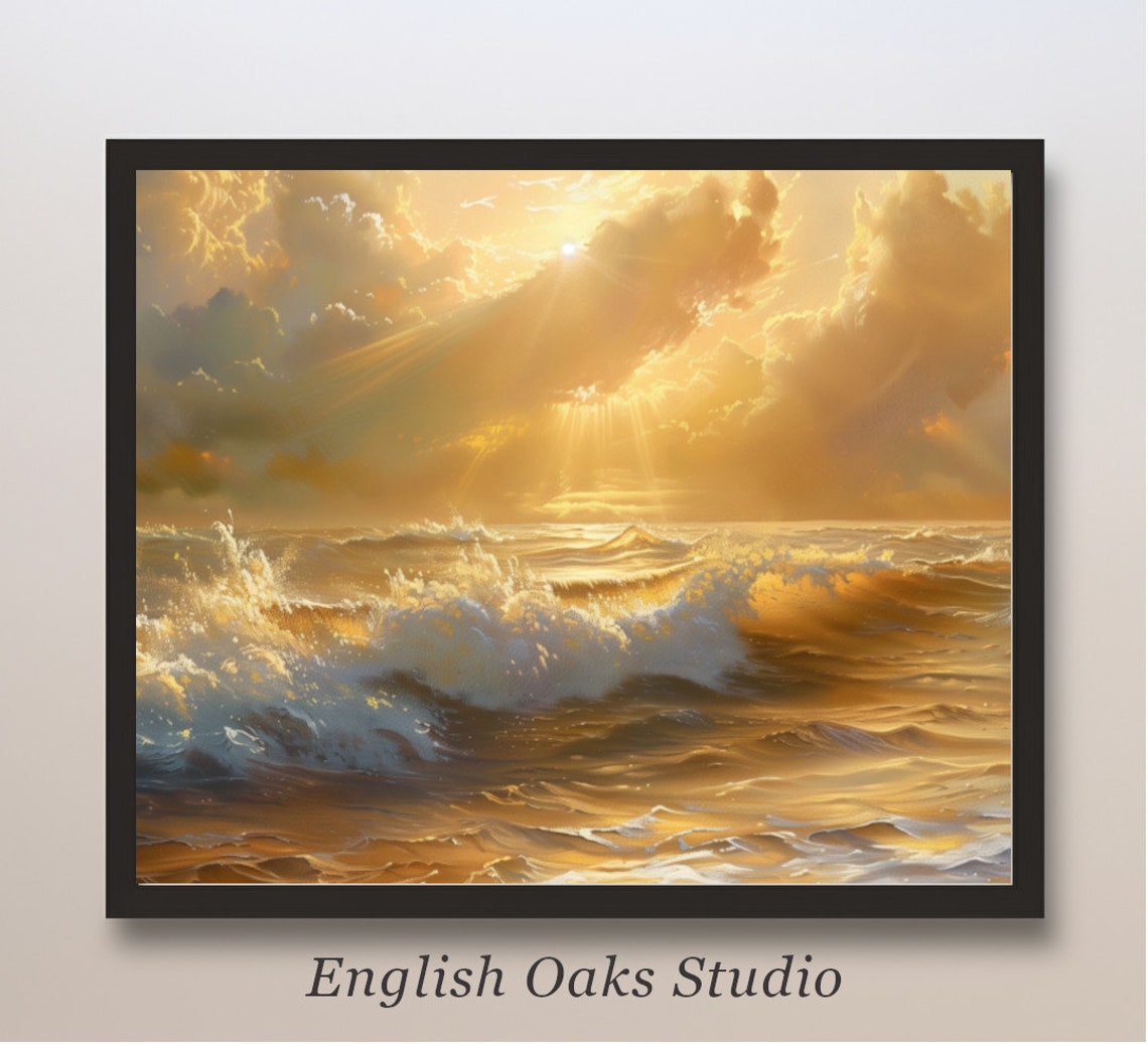 Golden Sunset Ocean Waves Dramatic Sunburst Clouds Seascape Poster