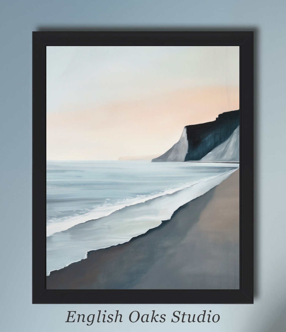 Modern Grey And Blue Seascape With White Cliffs Misty Shore Wall Art