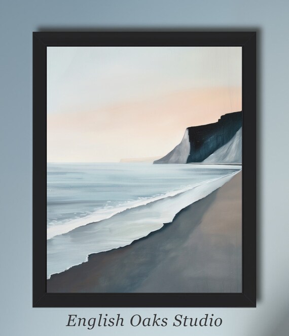 Modern Grey And Blue Seascape With White Cliffs Misty Shore Wall Art