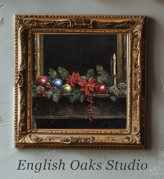 Rustic Christmas Candle On Mantle Ornament Wreath Painting Vintage Dark Academia Goth Winter Print Moody Candle Winter Still Life Art
