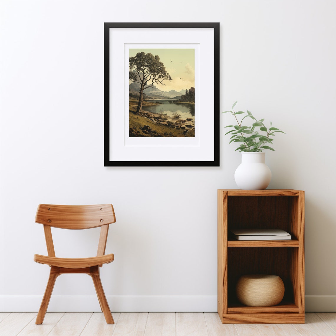 Summer Lakeside Landscape with Tree and Mountains Oil Painting Poster - Image 2