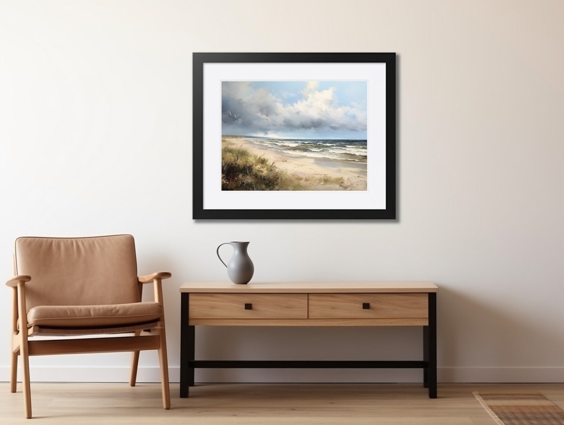Ocean Waves Under Dramatic Clouds with Seagulls Beach Scene Poster - Image 2