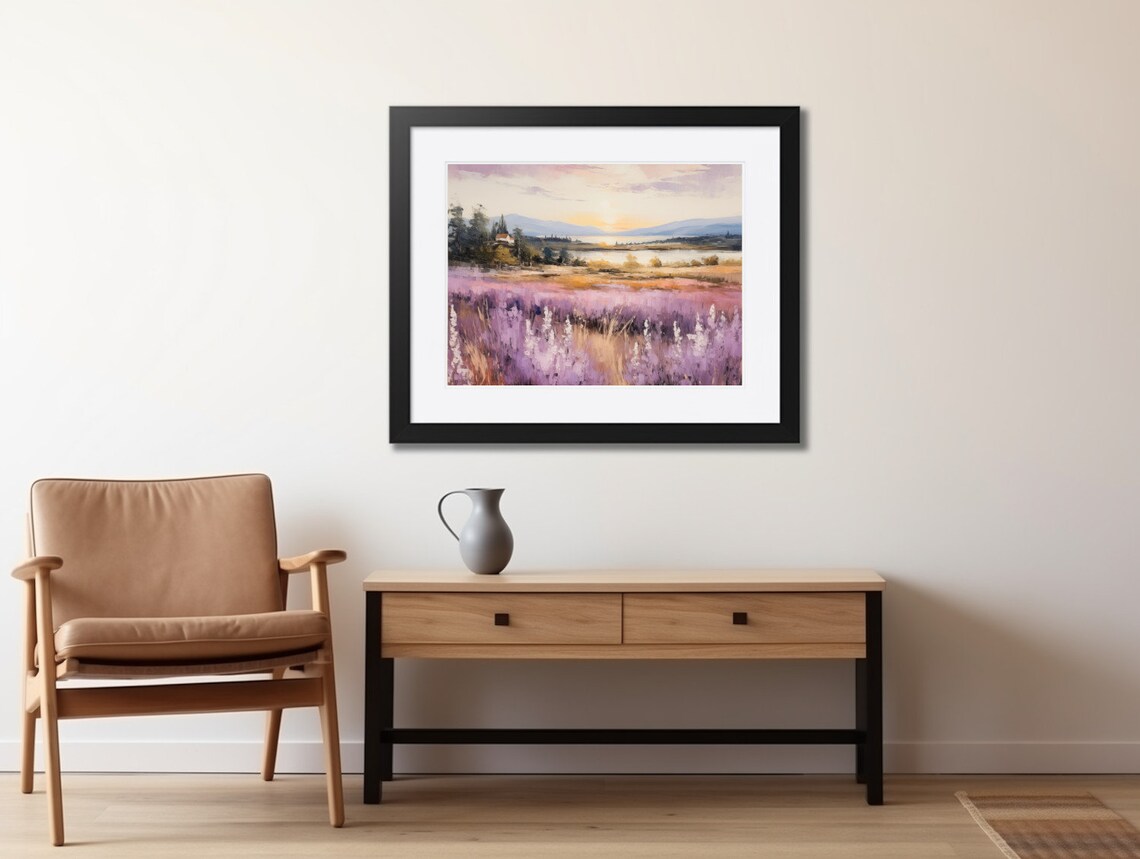 Spring Lavender Field with Lake and Mountains Oil Painting Poster - Image 2