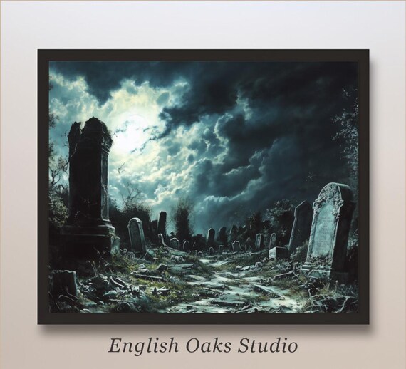 Moonlit Ruined Cemetery with Stormy Clouds Haunted Graveyard Gothic Art Poster