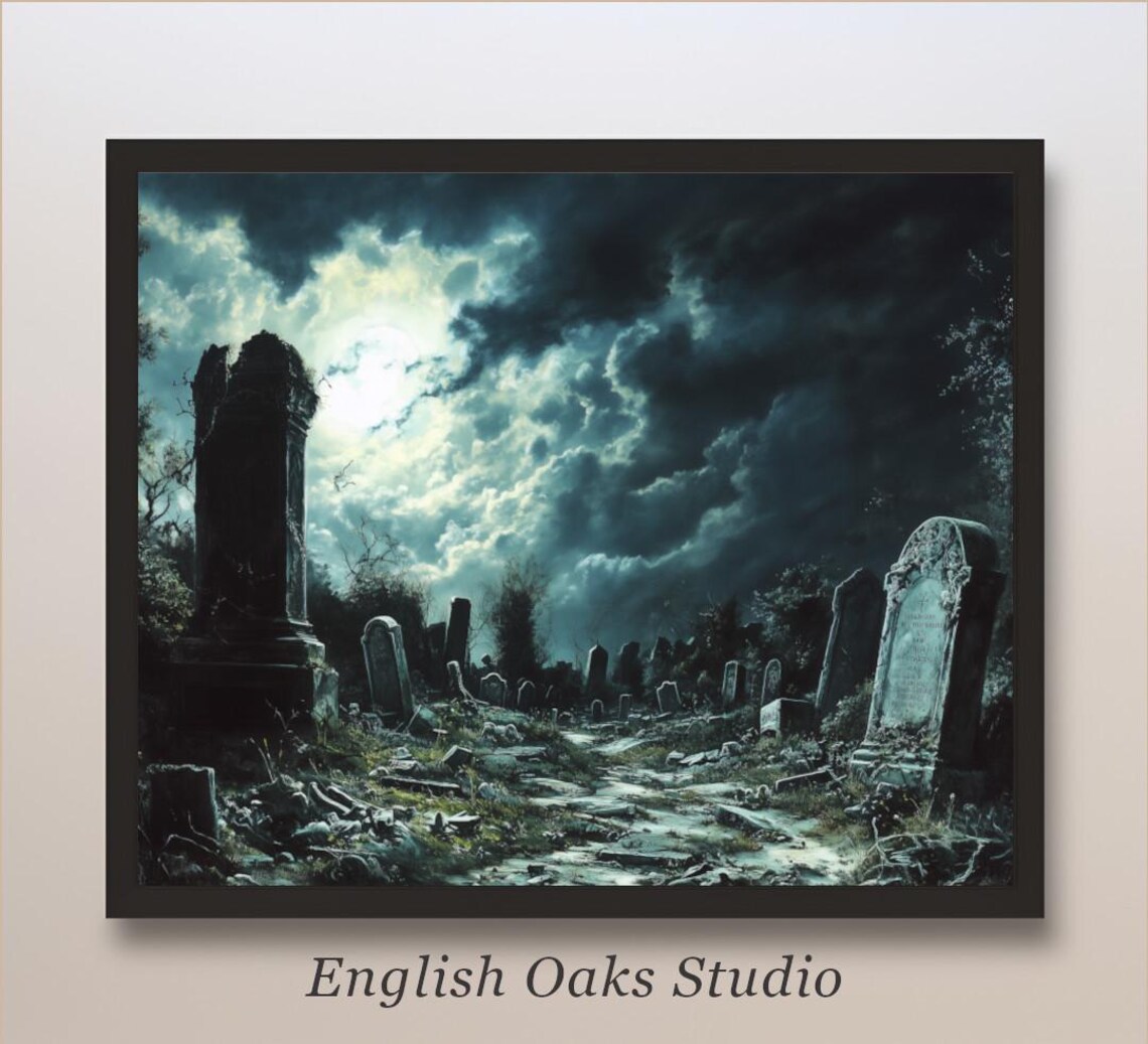 Moonlit Ruined Cemetery with Stormy Clouds Haunted Graveyard Gothic Art Poster